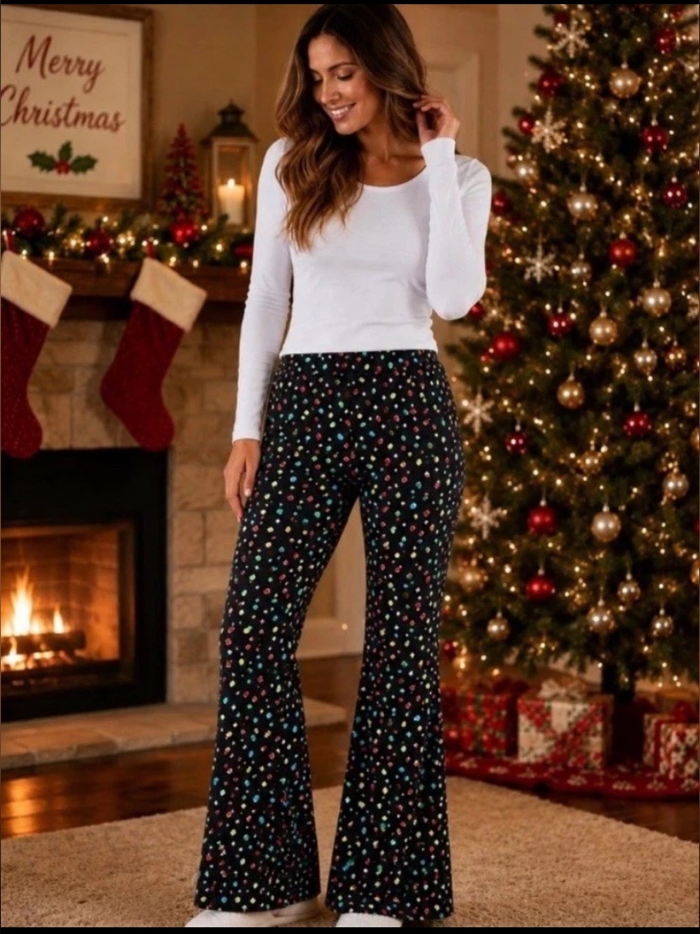 Celebrate Together Christmas Lights Lounge PJ Pants NWT Flare Leg Stretch NWT S